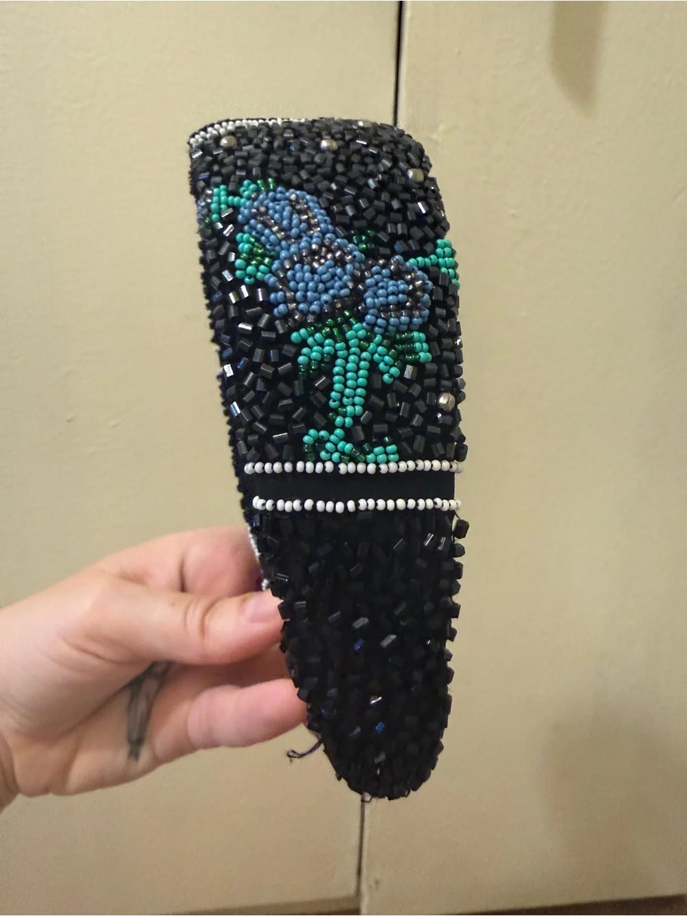 Ganni Black Beaded Floral-Embellished Headband